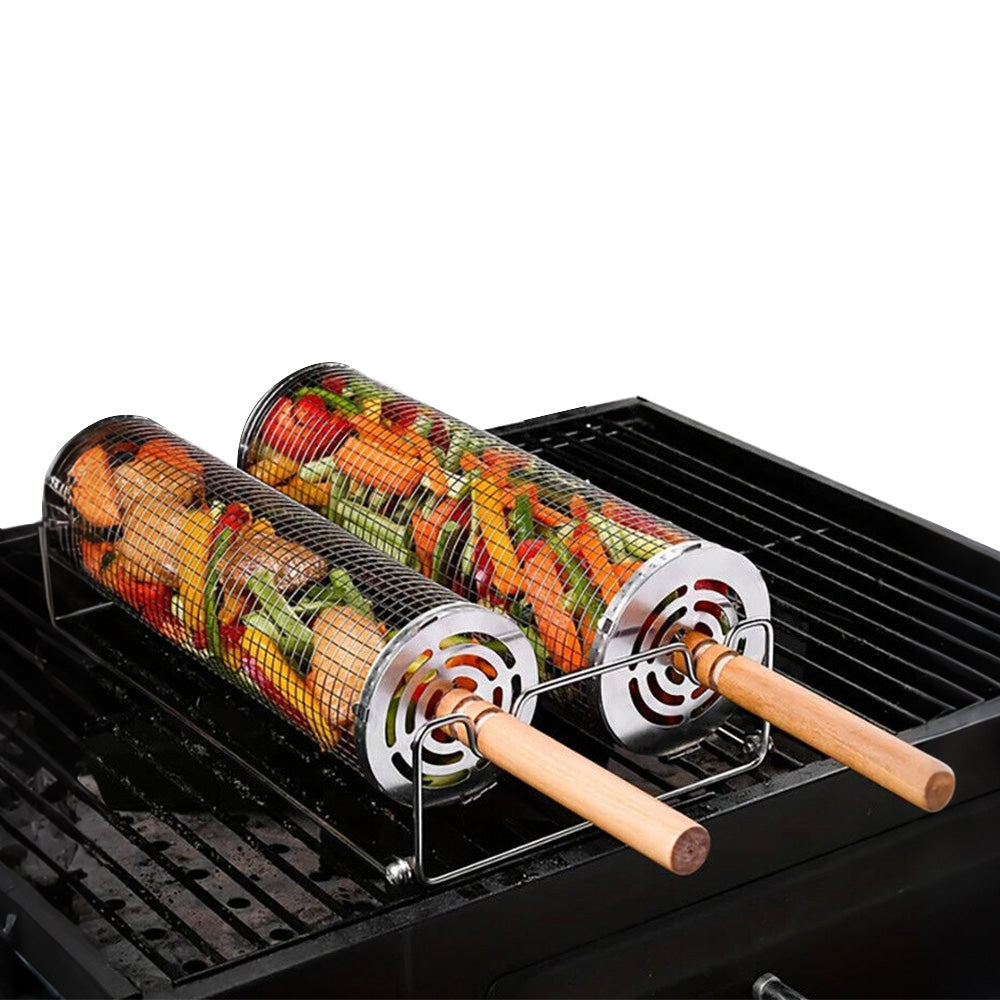 2 Pack Stainless Steel Rolling Grill Baskets with Engineered Wood Handles