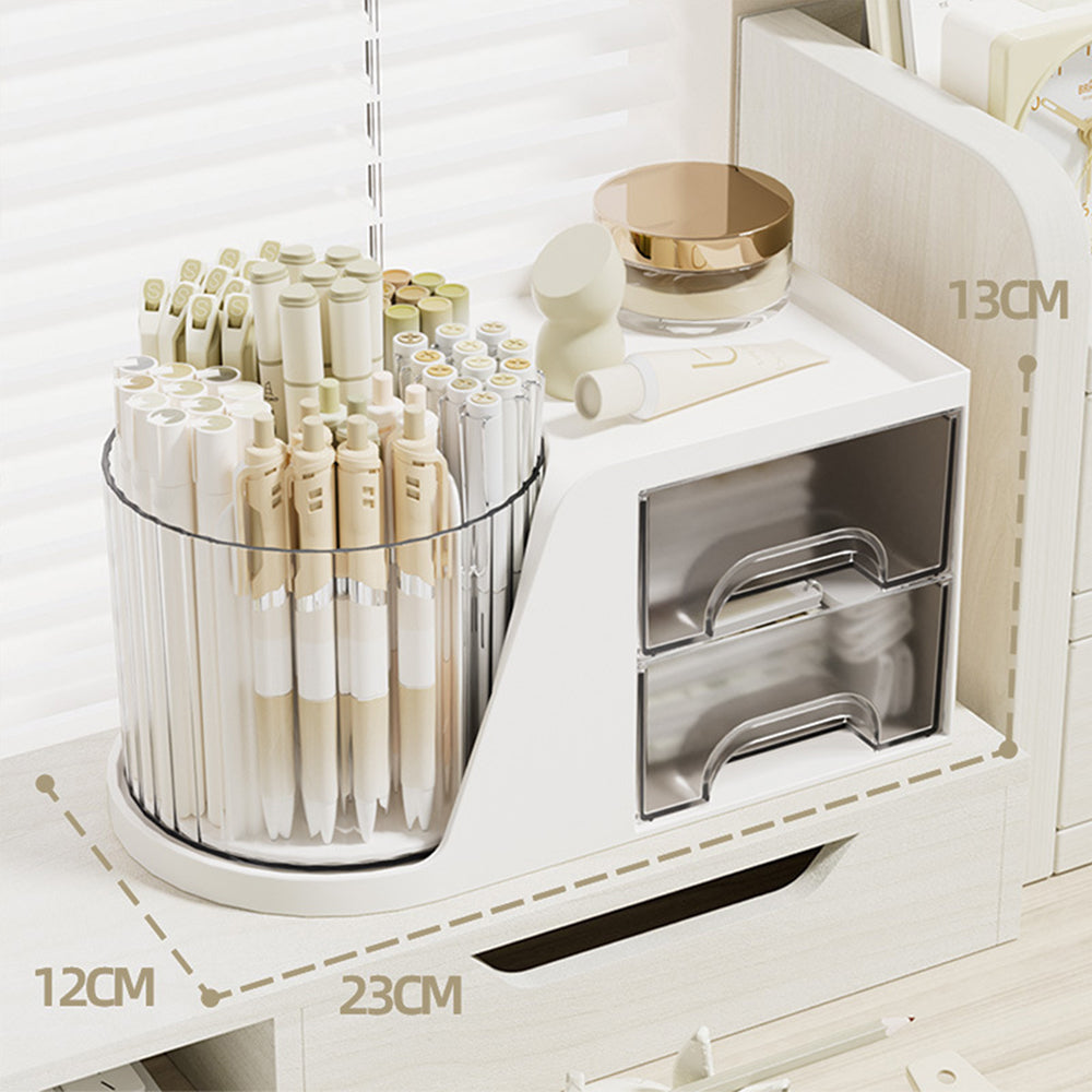 Rotating  Pen Holder with 2 Drawer Multi-Functional