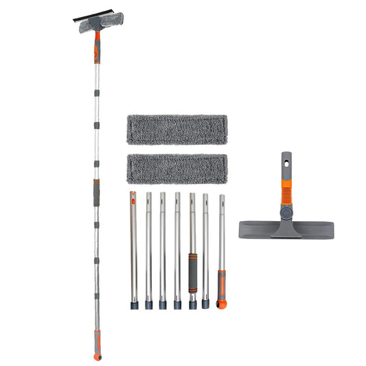 2 in 1 Window Squeegee Window Cleaner Kit with 2 Microfiber Cloths-7-Section Pole