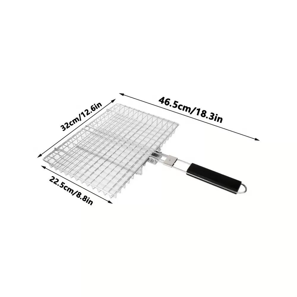 Portable Square BBQ Grill Basket with Wooden Folding Handle