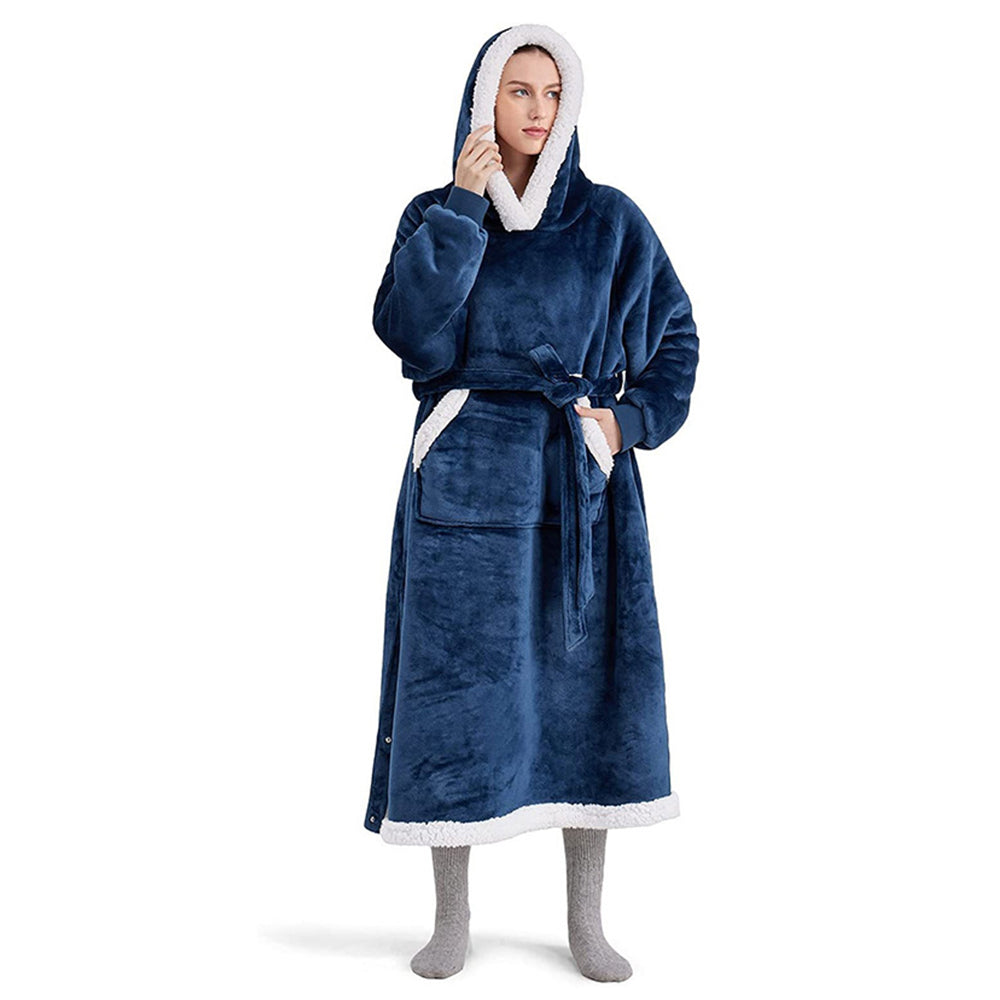 Fleece Long Blanket Hoodie with Giant Pocket and Belt Wearable Hooded Blanket