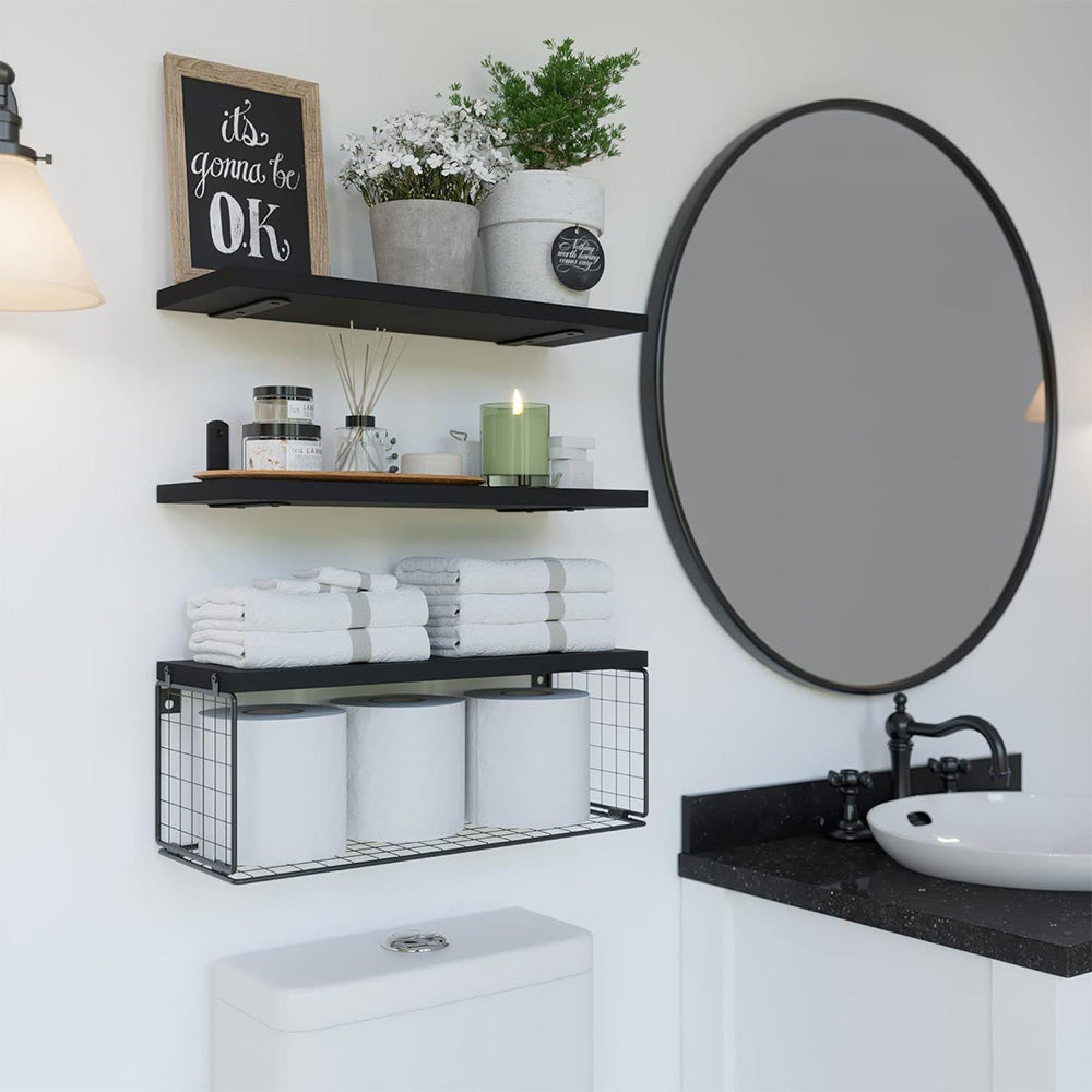 3 Piece Engineered Wood Wall Shelves with Metal Storage Basket