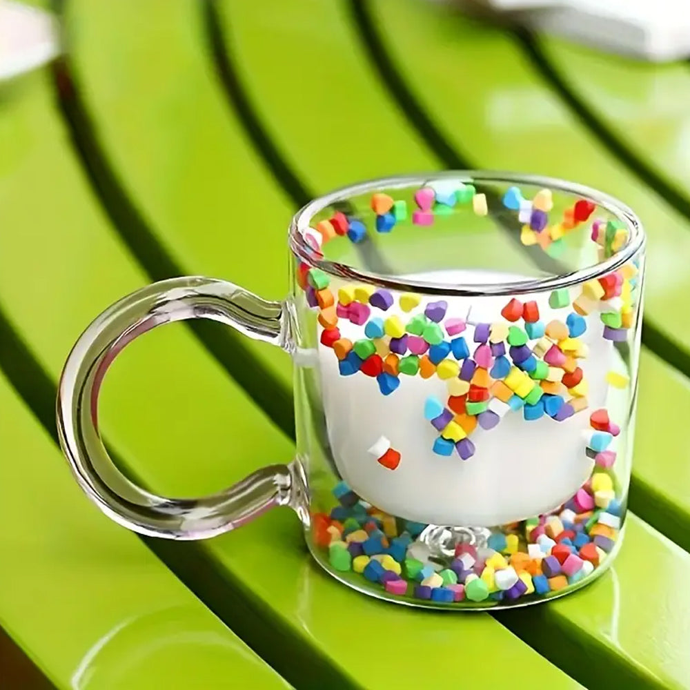 Double Wall Glass Cup with Colorful Love Granule Fillings