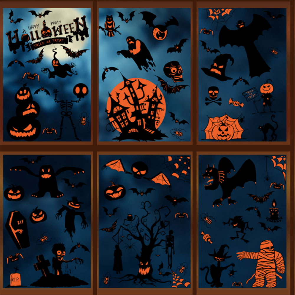 9 Sheets Halloween Window Sticker Window Static Cling Decal Bat Spider Decoration