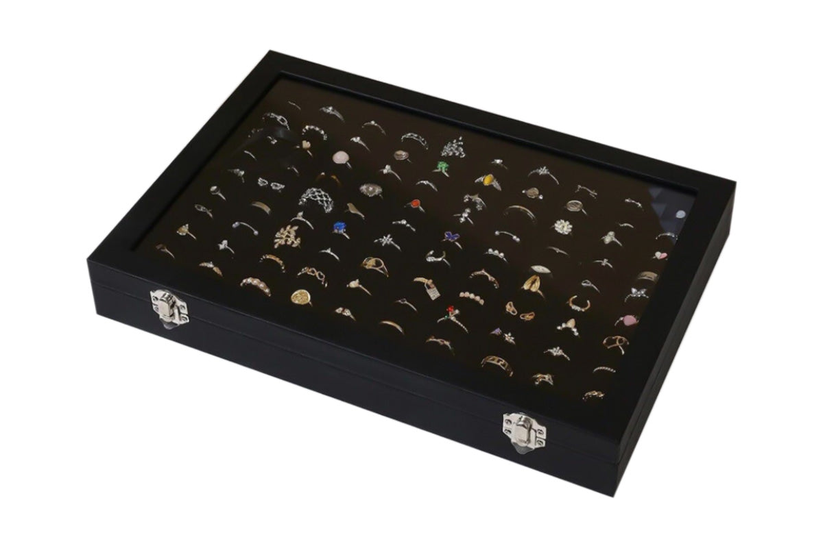 100 Slots Jewelry Ring Display Organizer Box with Glass Lid Earring Storage Tray