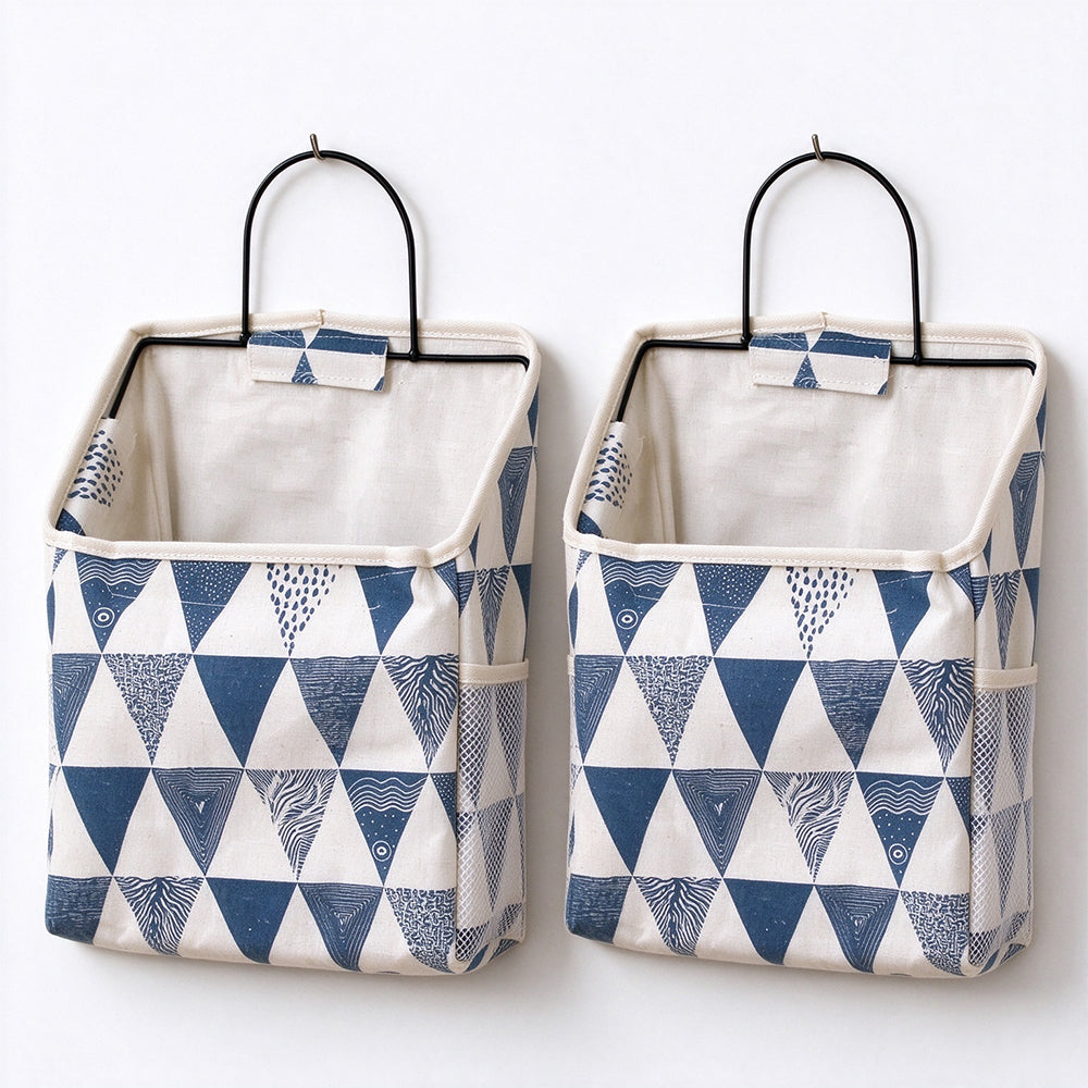2 Pack Fabric Wall Hanging Storage Bags with Iron Hooks and Mesh Pockets