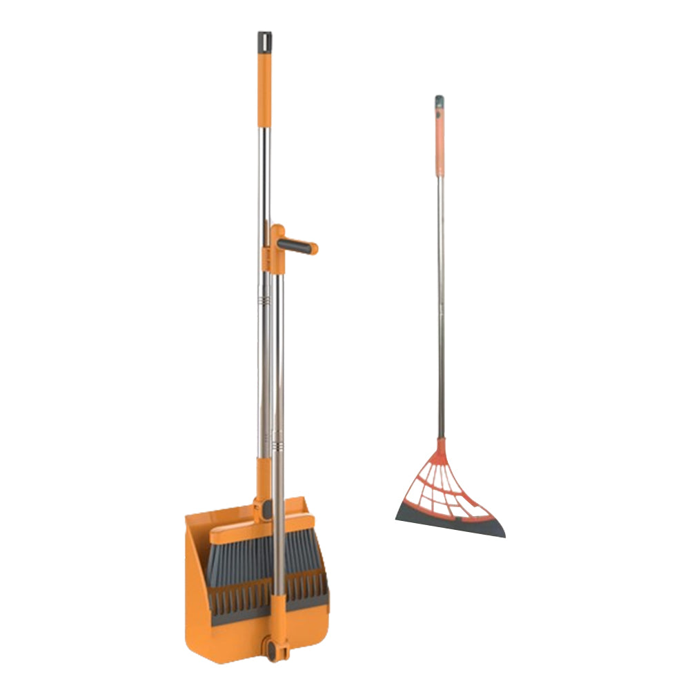 3Pcs Set of Plastic Broom with Foldable Standing Dustpan and Scraper Broom