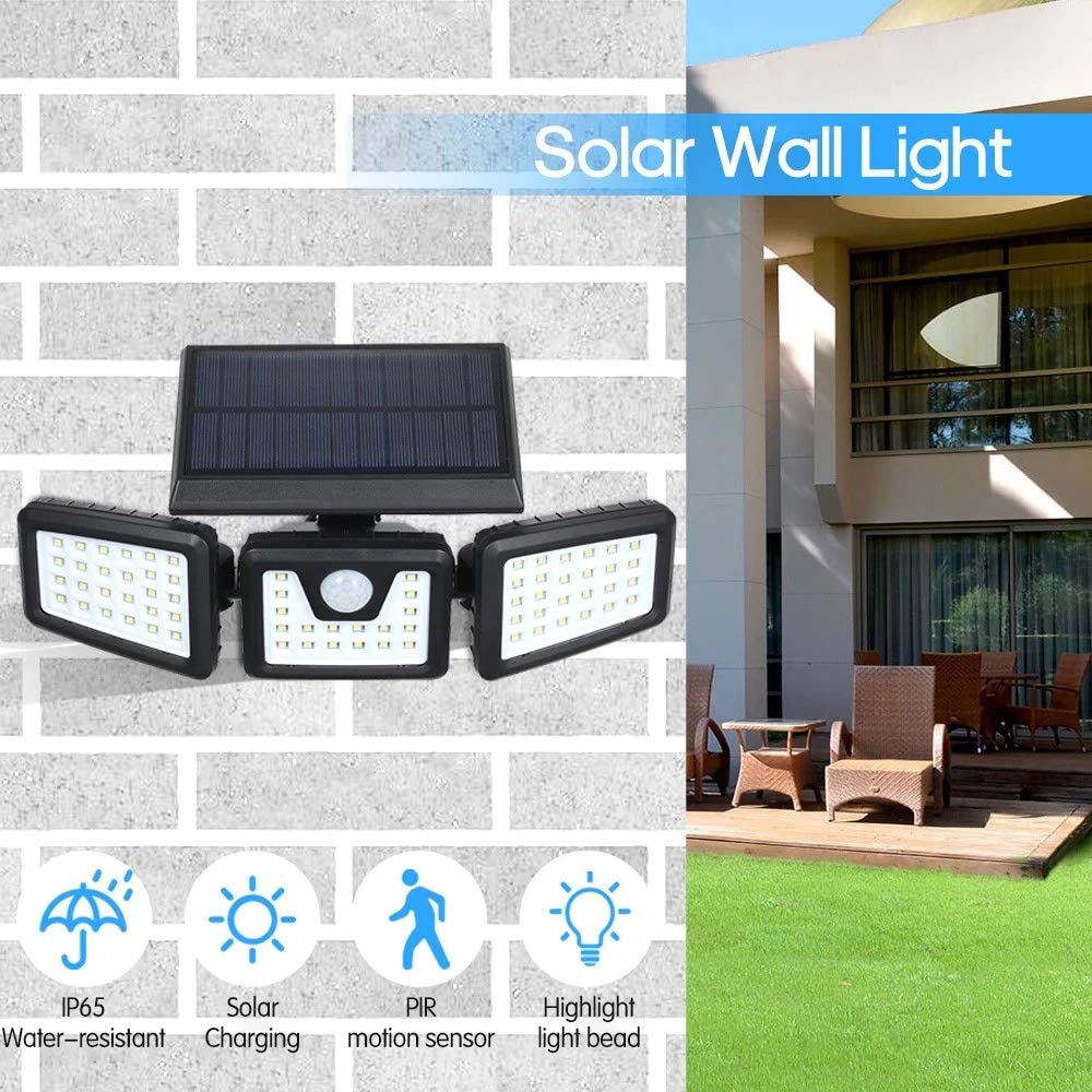 74LED Solar Powered 3 Heads Wide Angle Illumination IP65 Waterproof Wall Light