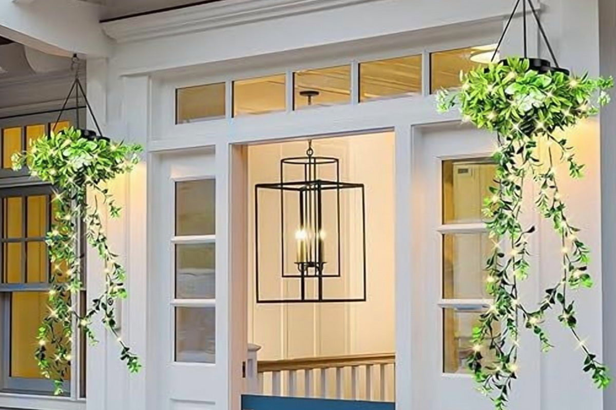 Solar Hanging Light with Artificial Green Vine Garden Decor Outdoor Hanging Solar Lamp Fake Trailing Plant Light for Patio Balcony