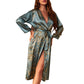 Casual Floral Print Satin Night Robe Long Sleeve V Neck Sleep Robe With Belt