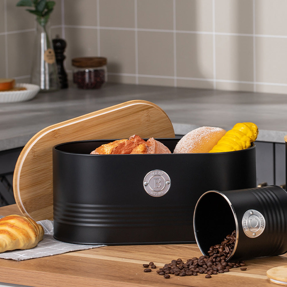 5 Piece Black Bread Bin and Airtight Kitchen Storage Canister Set