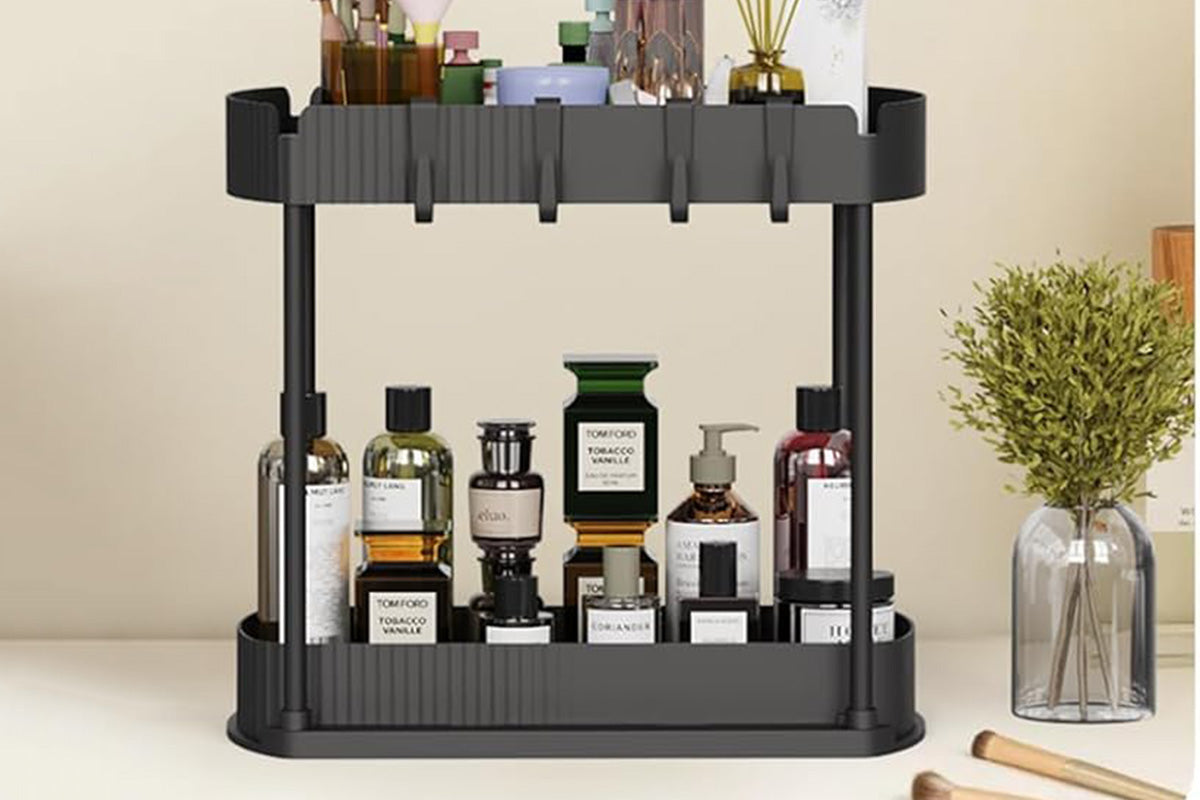 2Pcs Pull Out Storage Organizer Under Sink Shelf with 8 Hooks for Home Use