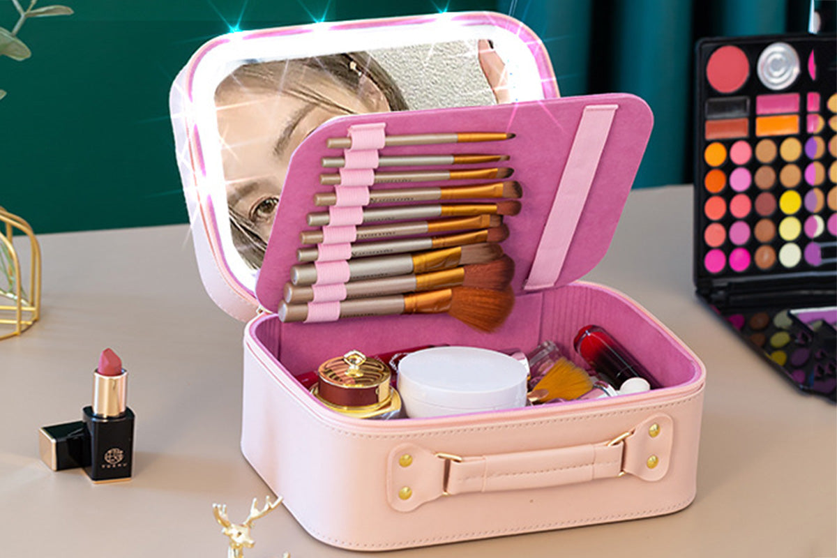 LED Mirror Makeup Case Hard Shell Rechargeable Lighted Cosmetic Organizer