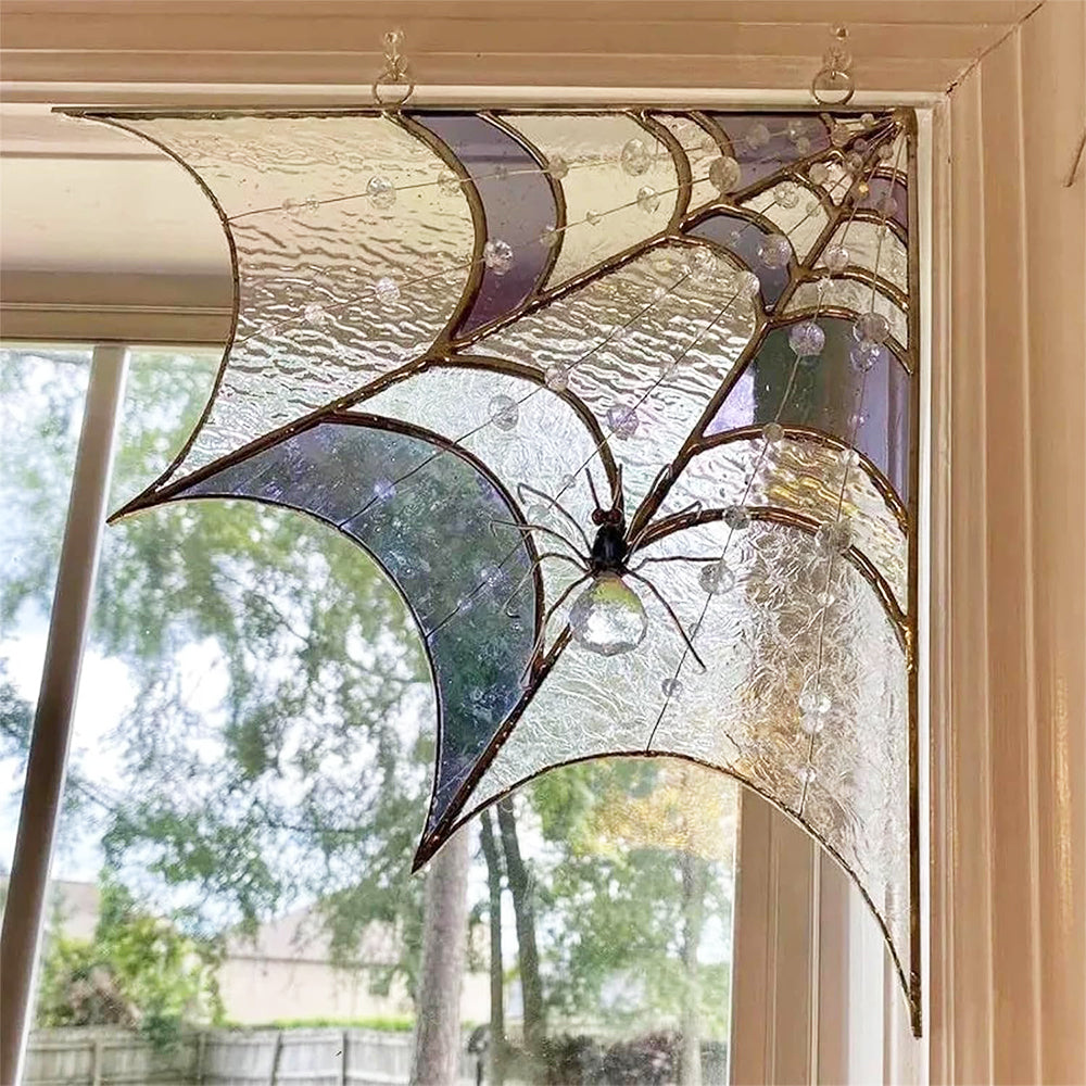 2Pcs Spiderweb Door Topper Door Frame Ornament Spider Web Stained Faux Glass Window Wall Hanging