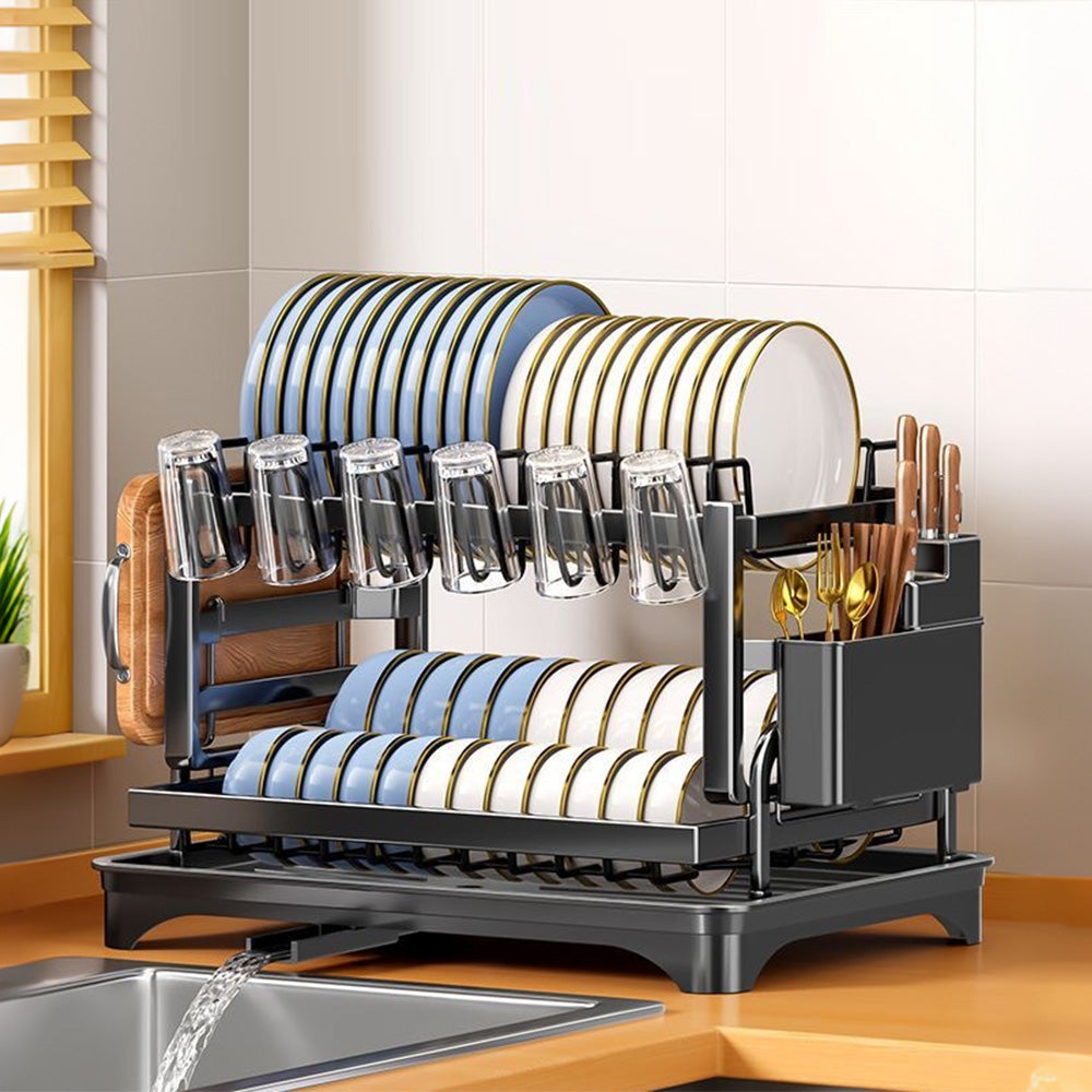 Two-Tier Carbon Steel Dish Drying Rack with Divided Storage