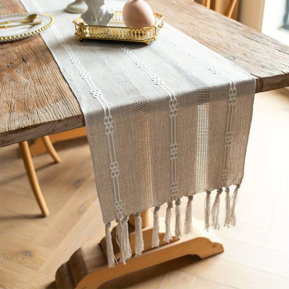 Vintage Farmhouse Woven Table Runner with Tassel for Dining Room Kitchen Reading Dresser