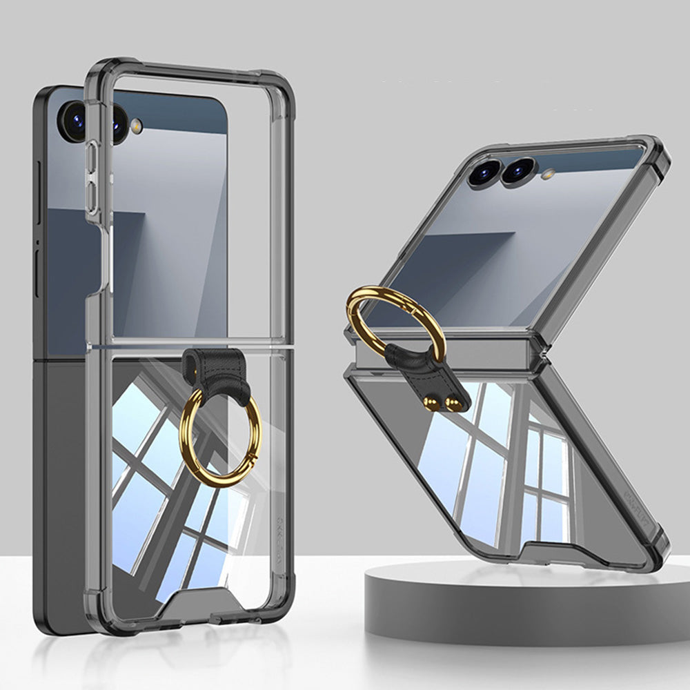 Case and Back Glass Protector for Samsung Galaxy Z Flip 8 7 with Ring Stand-Black