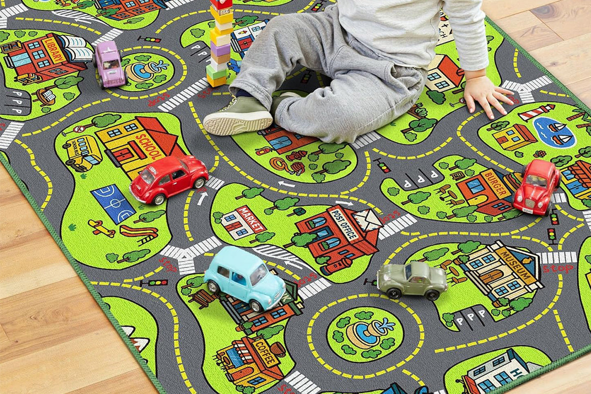 Car Track Play Mat Educational City Road Rug Non Slip Floor Playmat