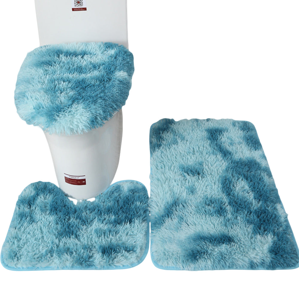 Washable 3pc Bathroom Mat Set Fluffy Toilet Cover Pedestal Rug Bath Mat