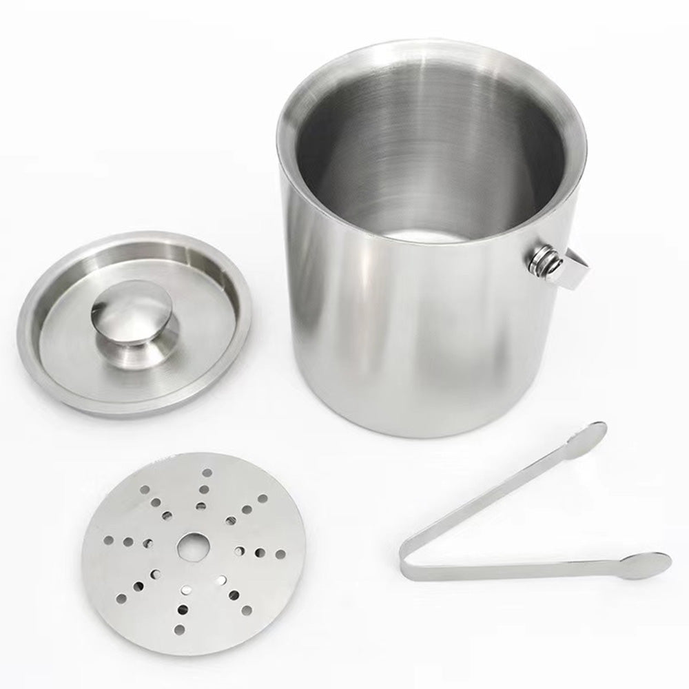 2L Ice Bucket with Tong and Lid Insulated Double Walled Stainless Steel Cooler with Strainer