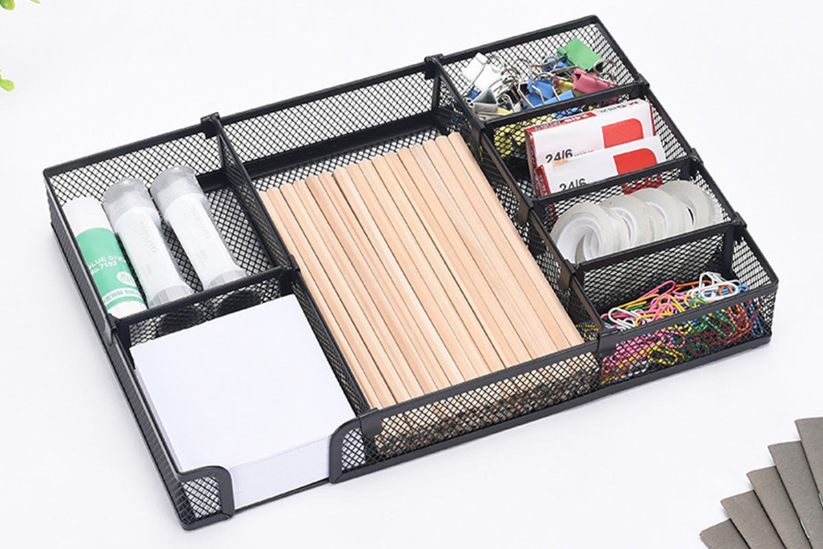 Desk Drawer Organizer Mesh Drawer Organizer Tray with 6 Adjustable Compartments