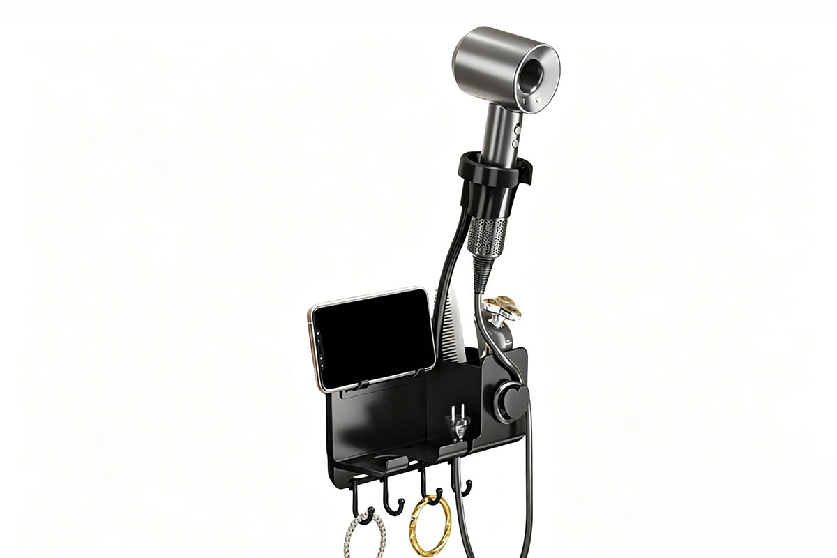 Adhesive Wall Mount Hair Dryer Holder with Phone Stand and Cord Organizer