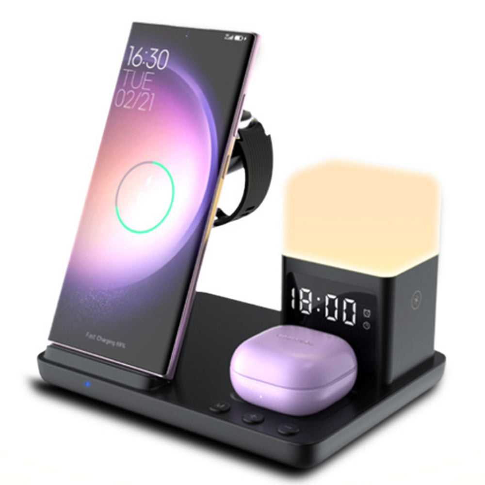 6-in-1 Wireless Charger with Alarm Clock and Night Light for Smartphone/Watch/Earbuds
