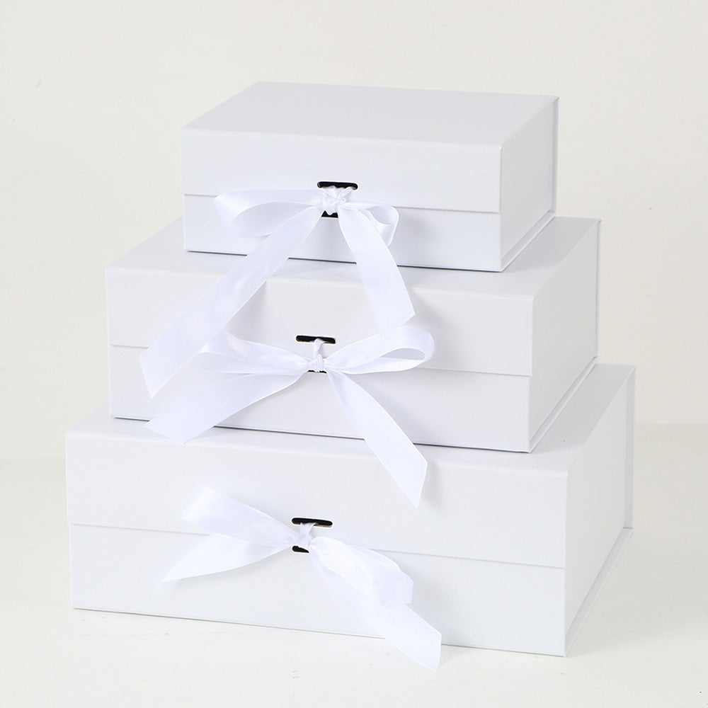 Luxury Foldable Gift Box with Easy Attached Lid and Ribbon-White