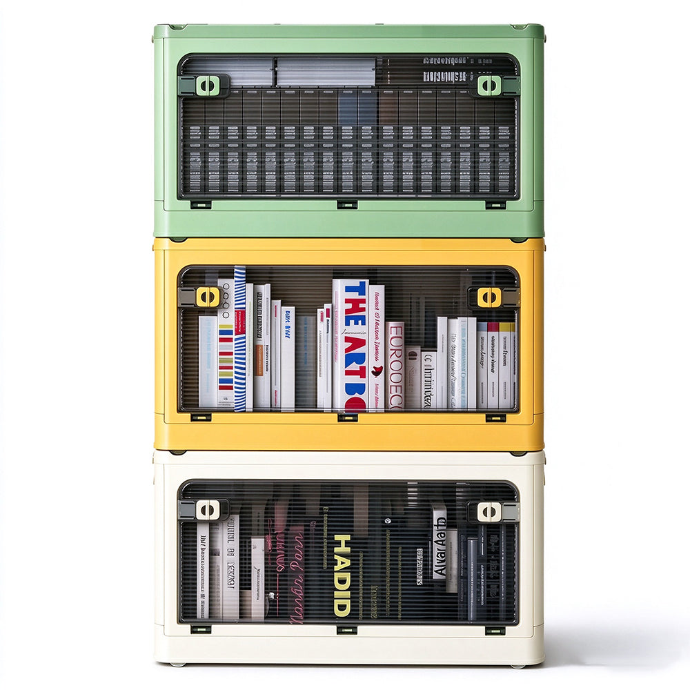 5 Door Transparent PP Foldable Storage Box with Wheels and Top Lid-Yellow