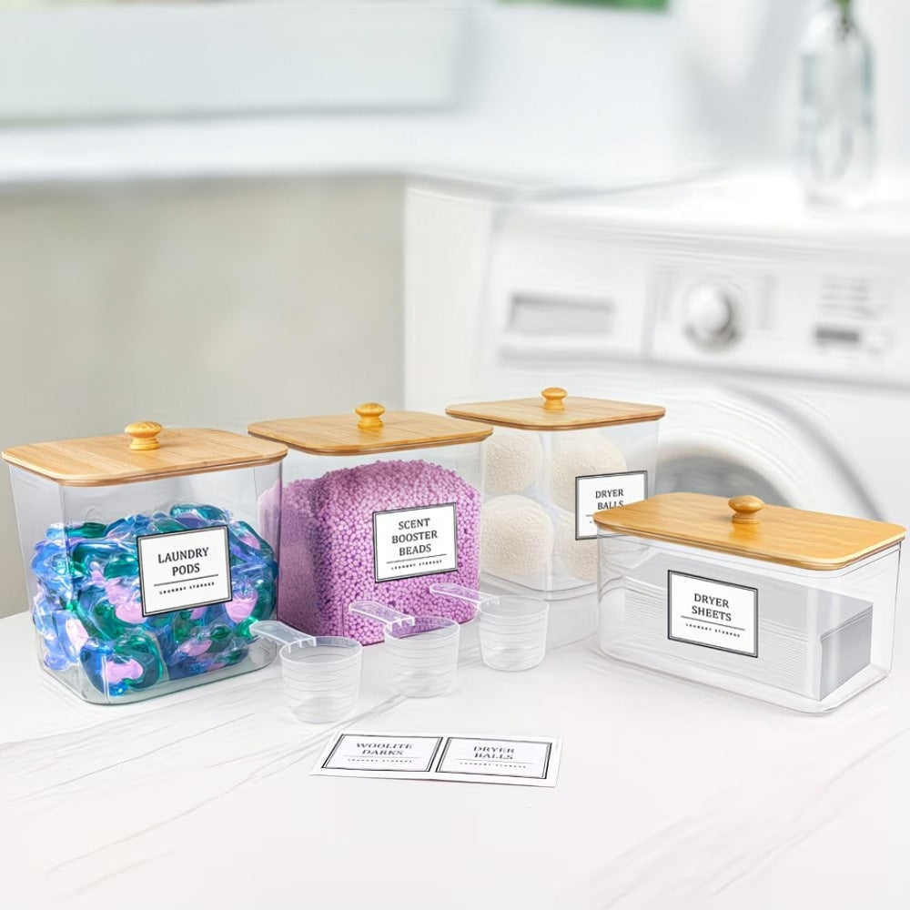 4Pcs Clear Laundry Storage Containers with Airtight Wooden Lids