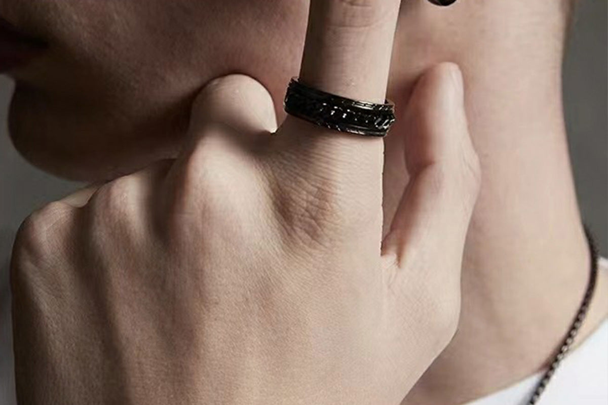 Fidget Rings Anxiety Spinner Rings Stainless Steel Chain Rings-Black