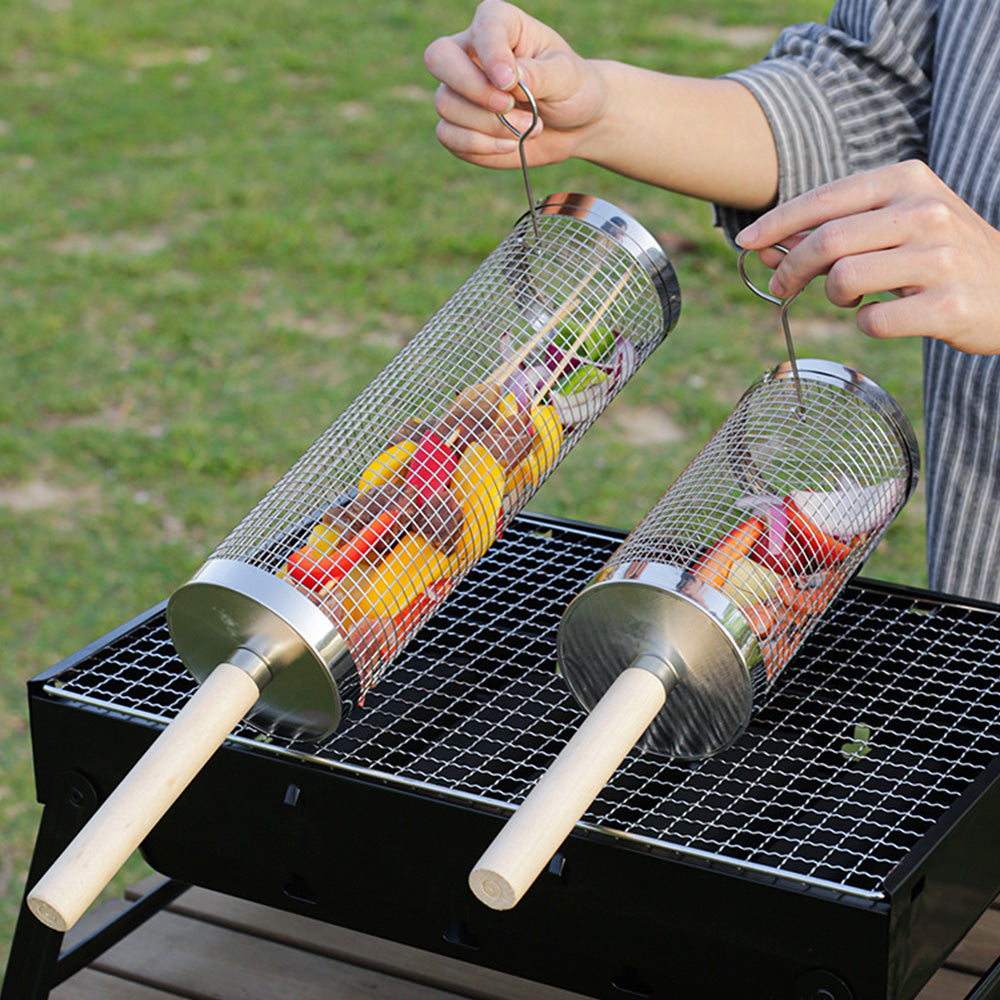 2 Pack Rolling Grill Basket with Wooden Handle Stainless Steel BBQ Accessory