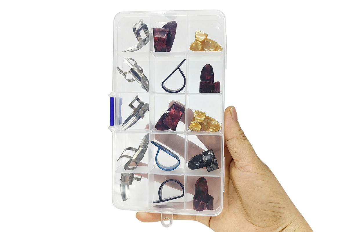 15PCS Finger Pick Set Guitar Picks With 15 Grid Case Storage Box