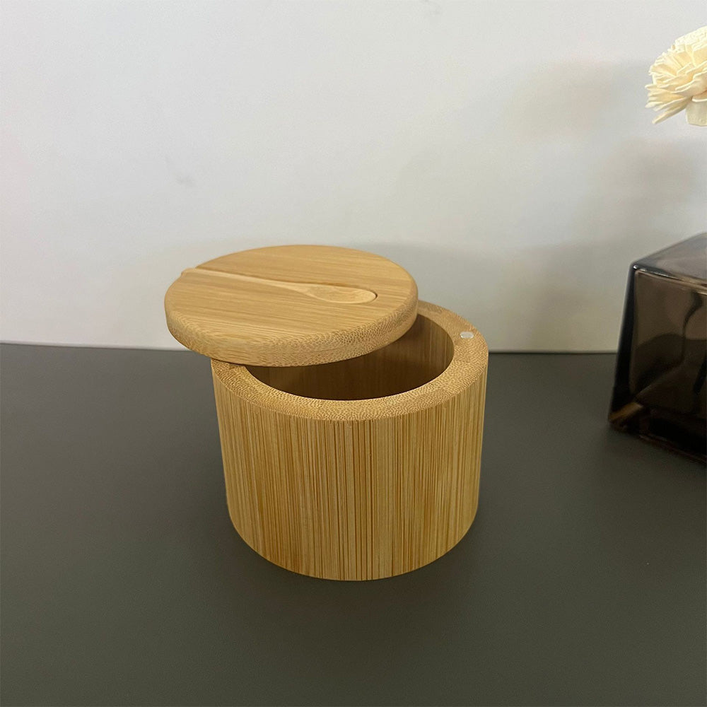 Kitchen Bamboo Salt Cellar with Swivel Lid  for Salt Pepper Sugar Herbs Spice with Spoon