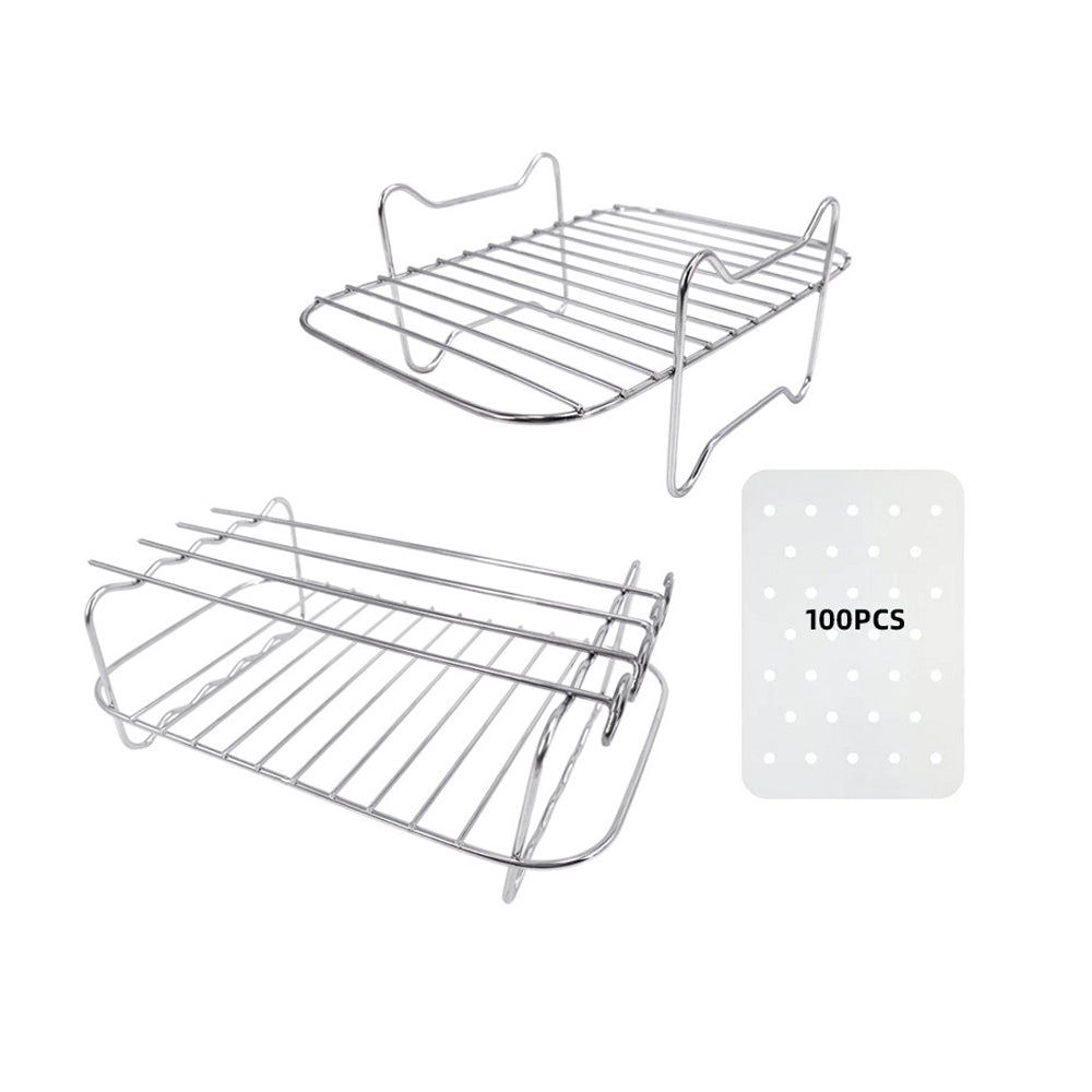 Stainless Steel Dual Basket Grill Sticks Air Fryer Accessories with 100pcs Air Fryer Liners for Ninja DZ201 DZ401