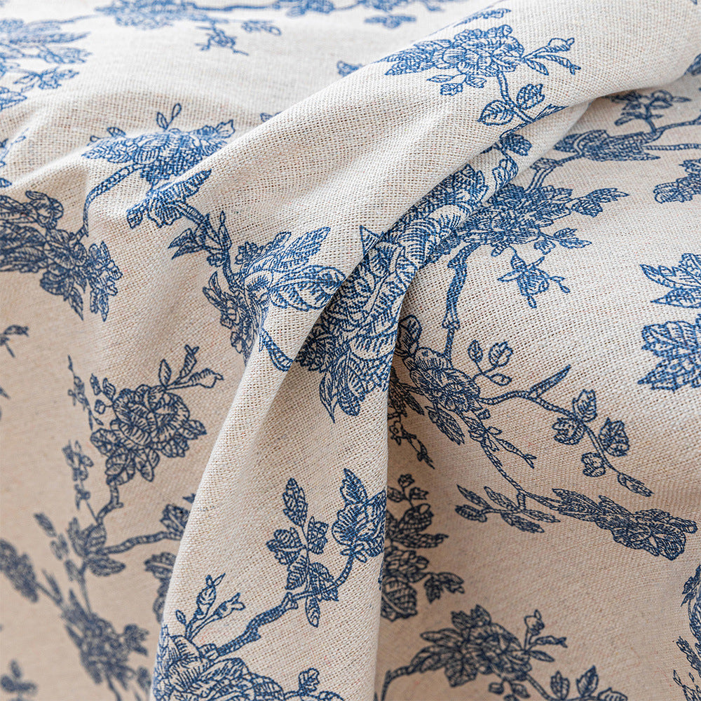 135x180cm Retro Blue Rose Floral Cotton Linen Fabric Tablecloth