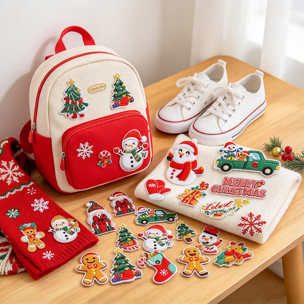 Christmas Embroidered Iron-On Letter and Pattern Patch Set for Clothes