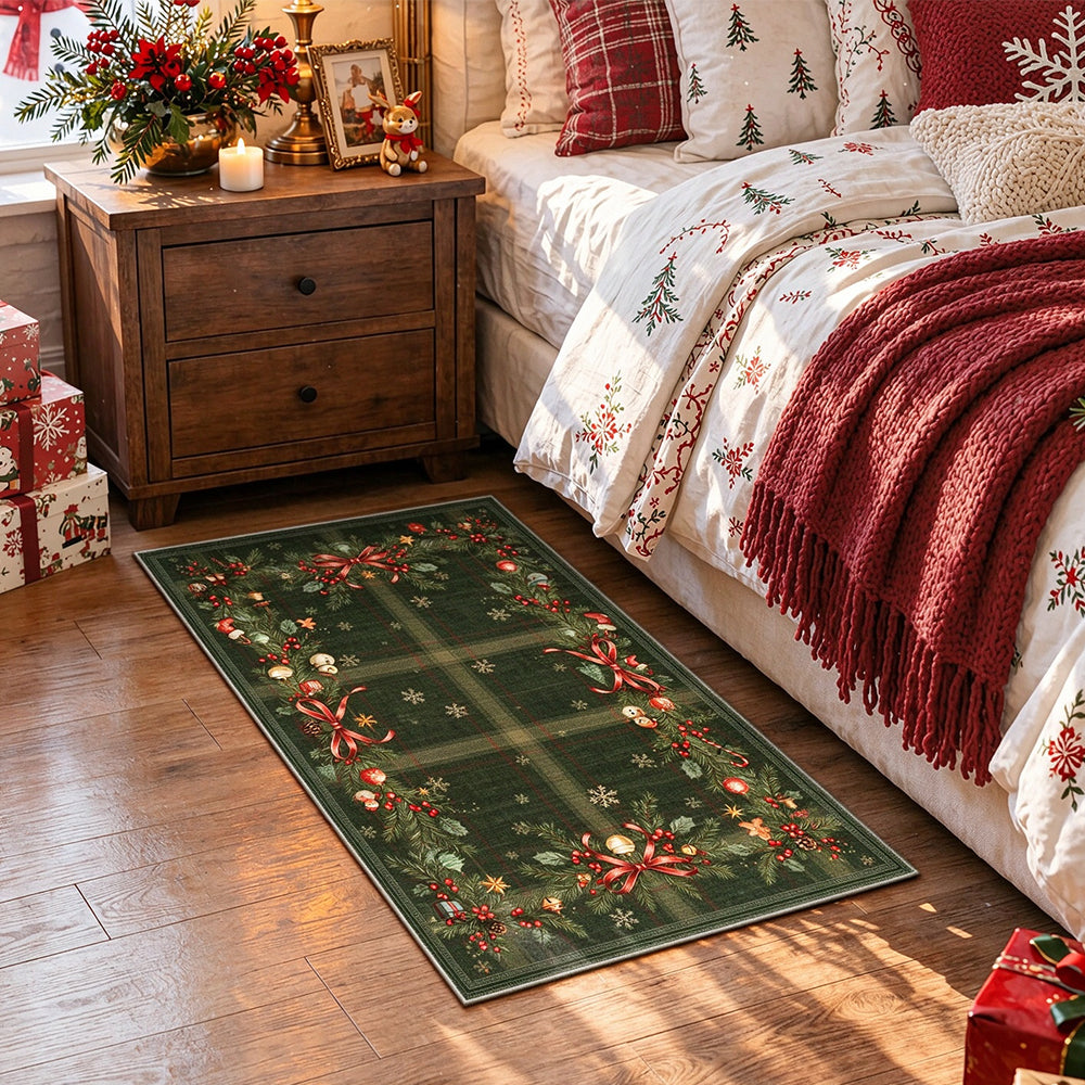 Christmas Polyester Crystal Velvet Floor Mat with TPR Non Slip Back-Green