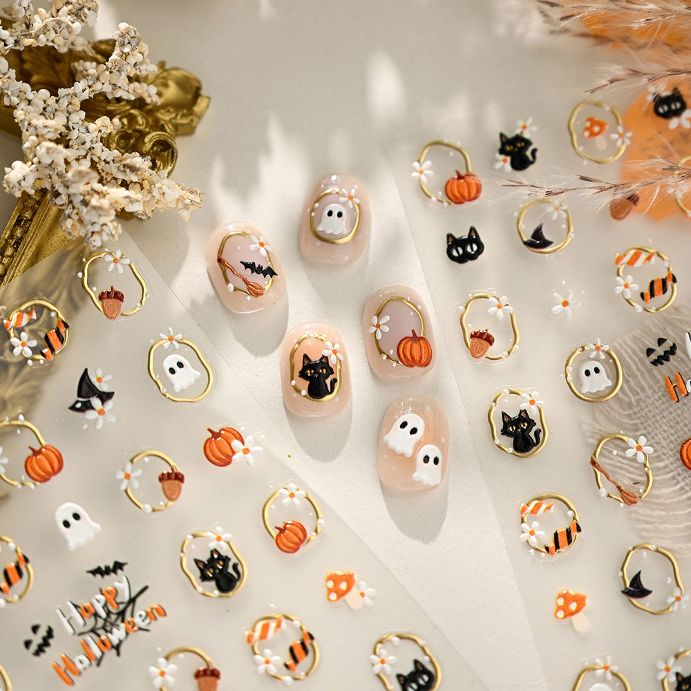 Halloween Nail Art Stickers Black Cat Ghost Pumpkin Self-Adhesive