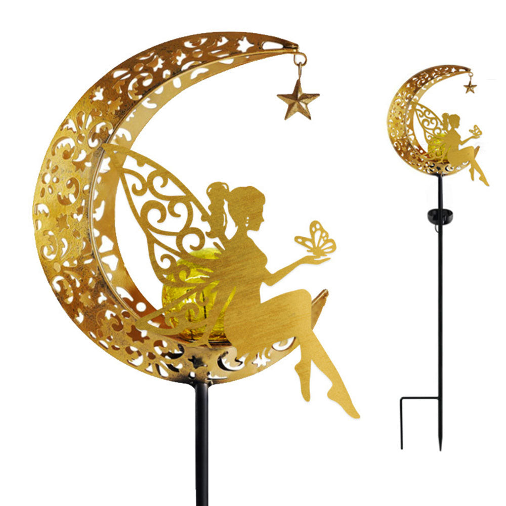 Iron Solar Garden Statues Outdoor Decor Fairy Figurine Light Stake-Moon