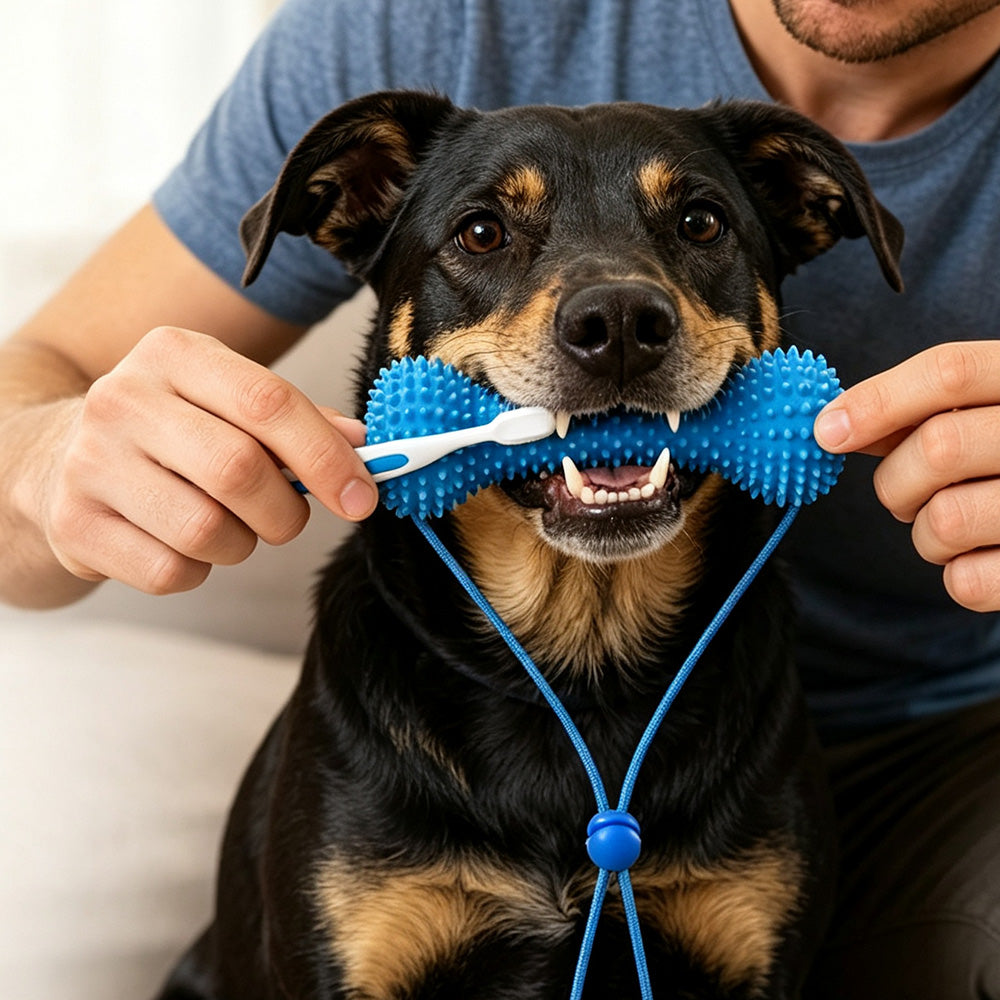 Durable Rubber Bone Dog Chew Toy with 2 Toothbrushes for Training & Solo Play