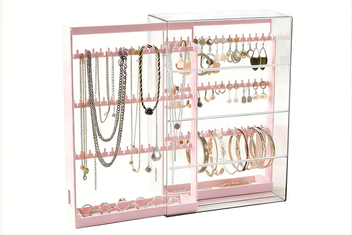 2-Tier Jewelry Organizer with Pull Out Drawer Earring Storage Box Display Case for Earrings Necklace Rings Studs