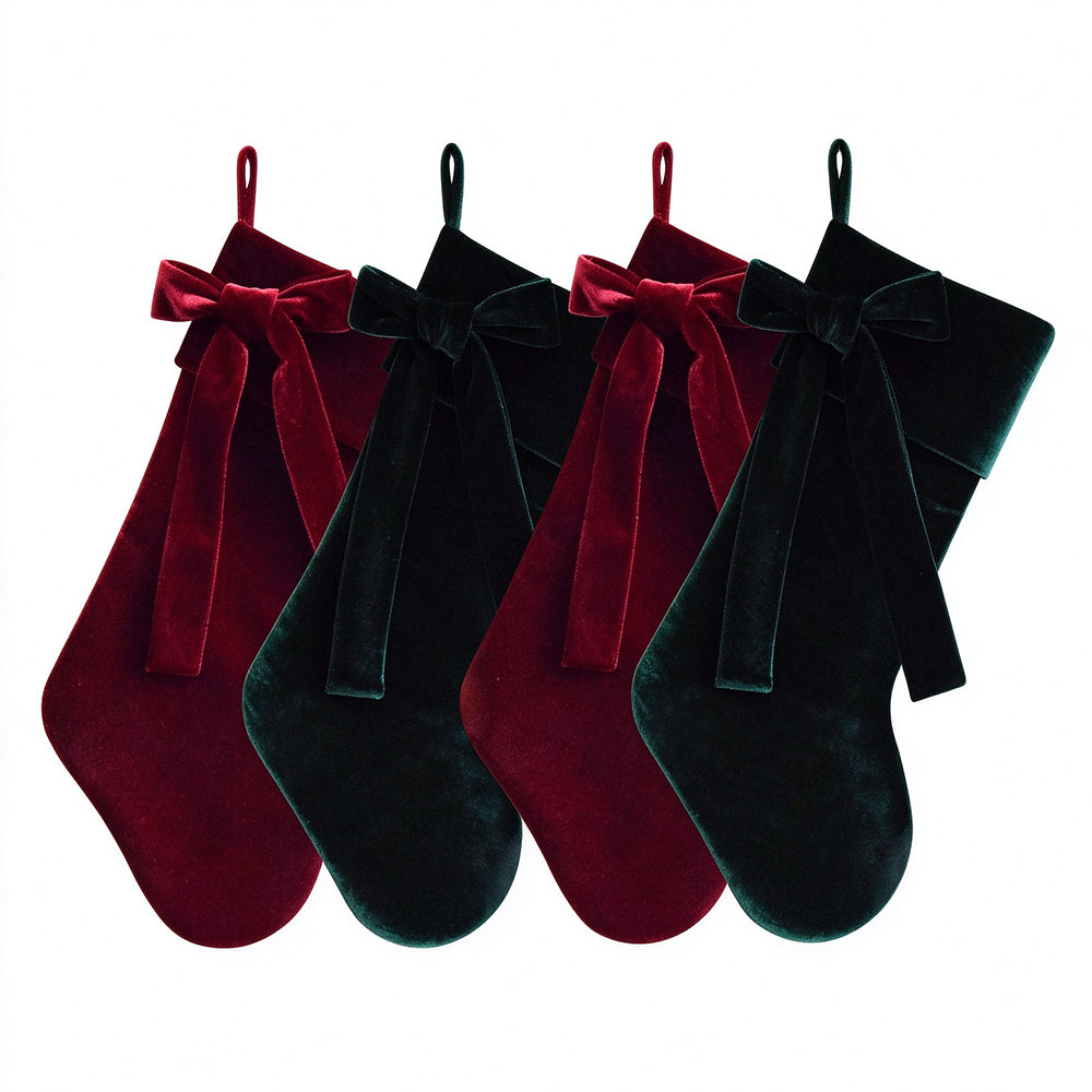 4 Velvet Christmas Stockings with Bows in Red and Green for Fireplace