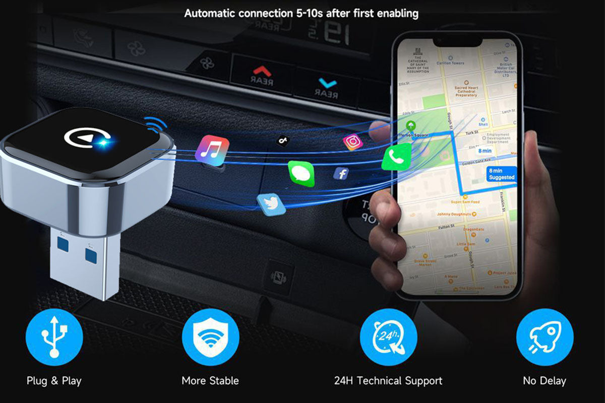 Wireless CarPlay Adapter with USB-A and USB-C Extension Cables Convert