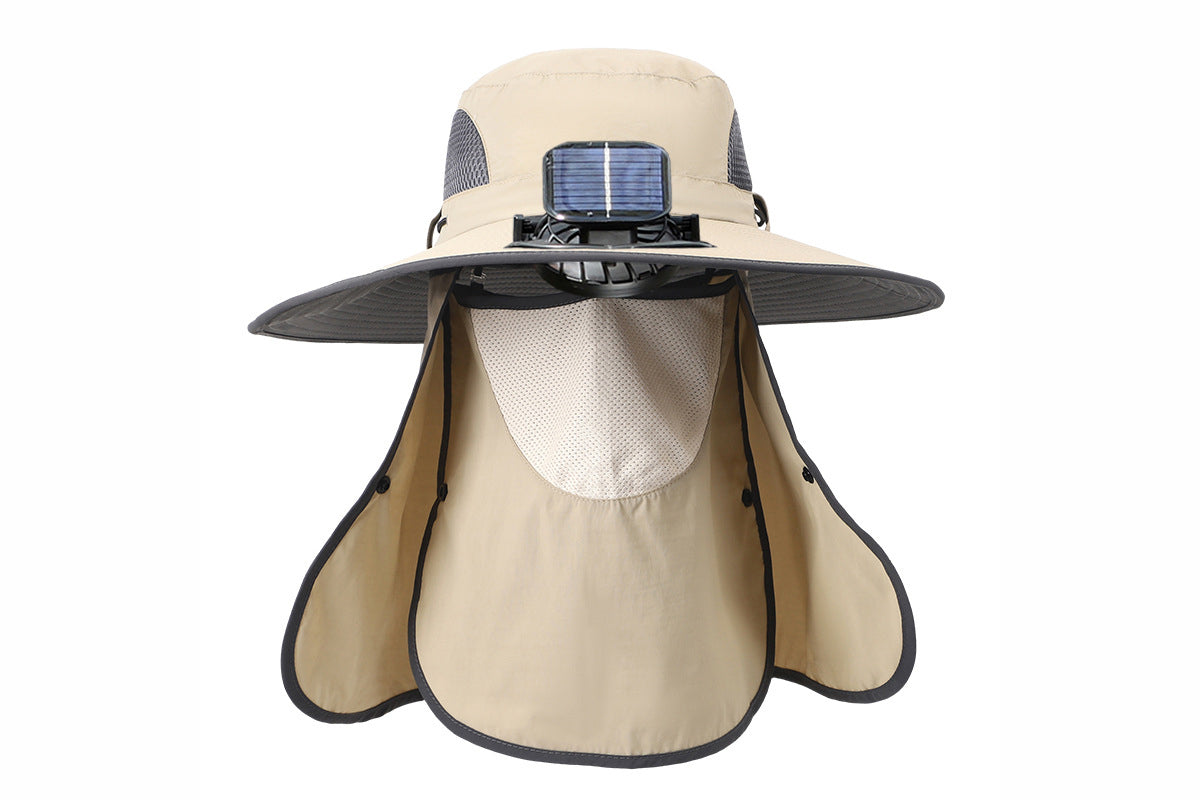 Wide Brim Solar Cooling Fan Hat Outdoor Breathable Mesh Face Cover Neck Shade