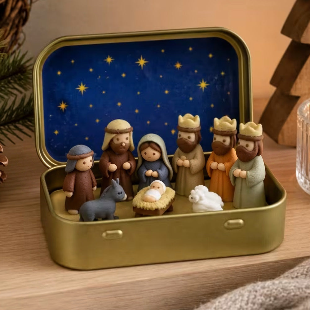 9 Pcs Nativity Scene Mini Figurines with Metal Storage Display Box