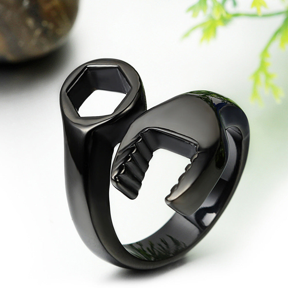 Stainless Steel Wrench Shaped Industrial Punk Ring for Men and Women-Black