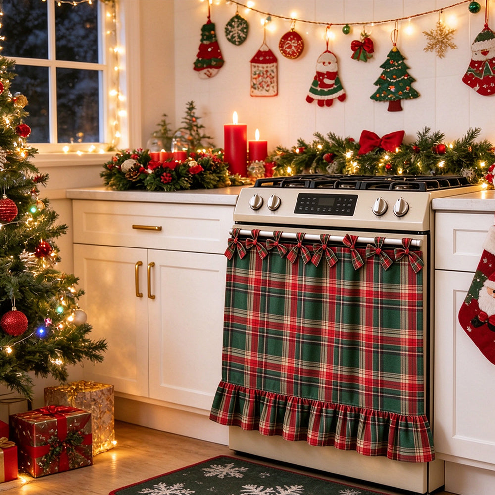 Polyester Cotton Plaid Oven Cover Curtain with Ties for Kitchen