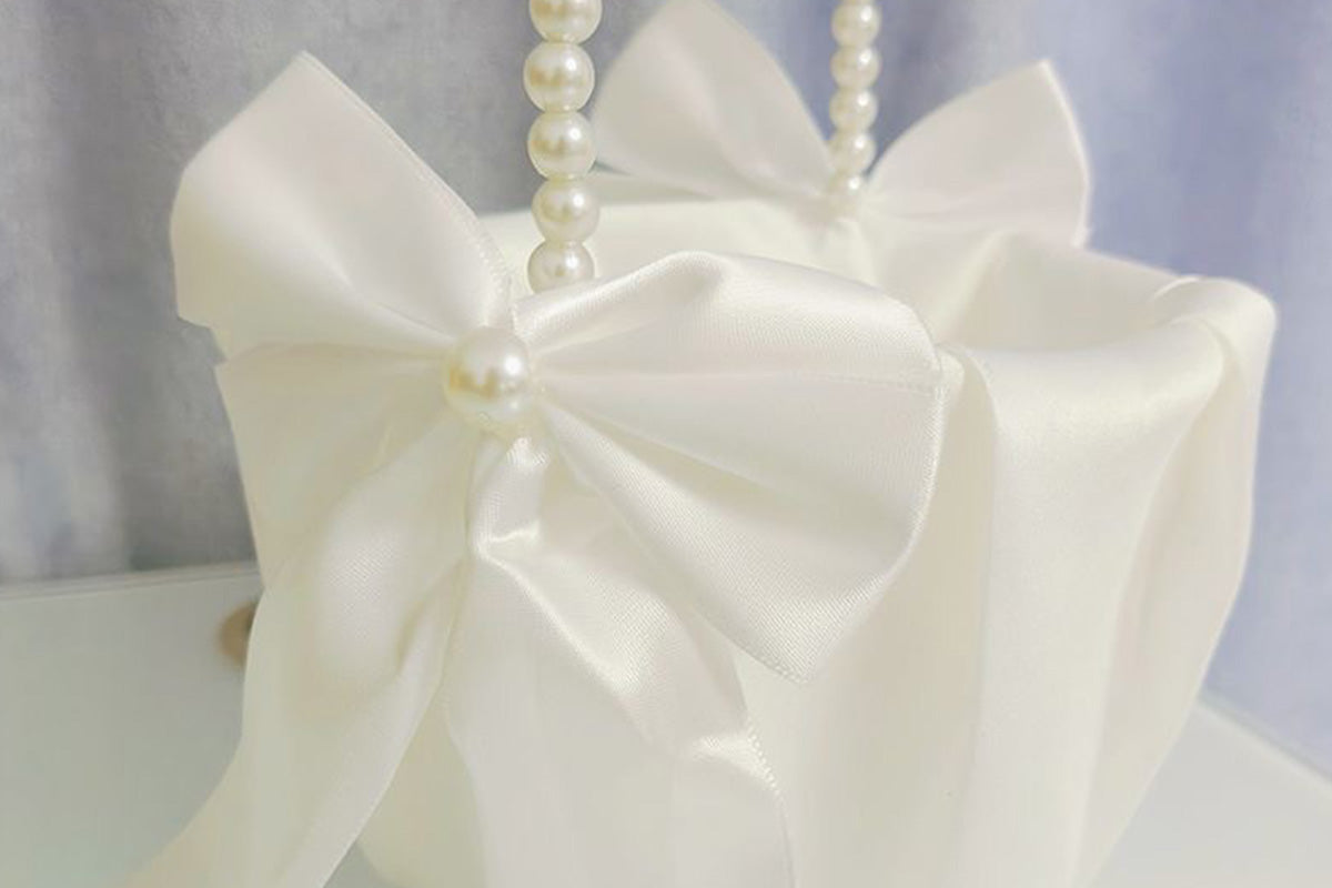 Wedding Flower Girl Basket with Pearl Handle Bowknot Satin Ribbon