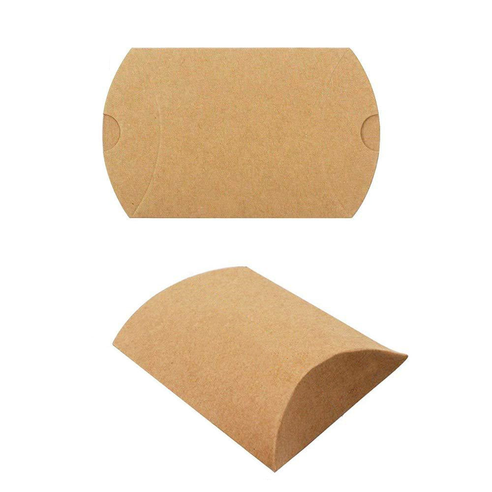 50 Pack Kraft Paper Pillow Gift Boxes with Ribbons for Weddings and Parties